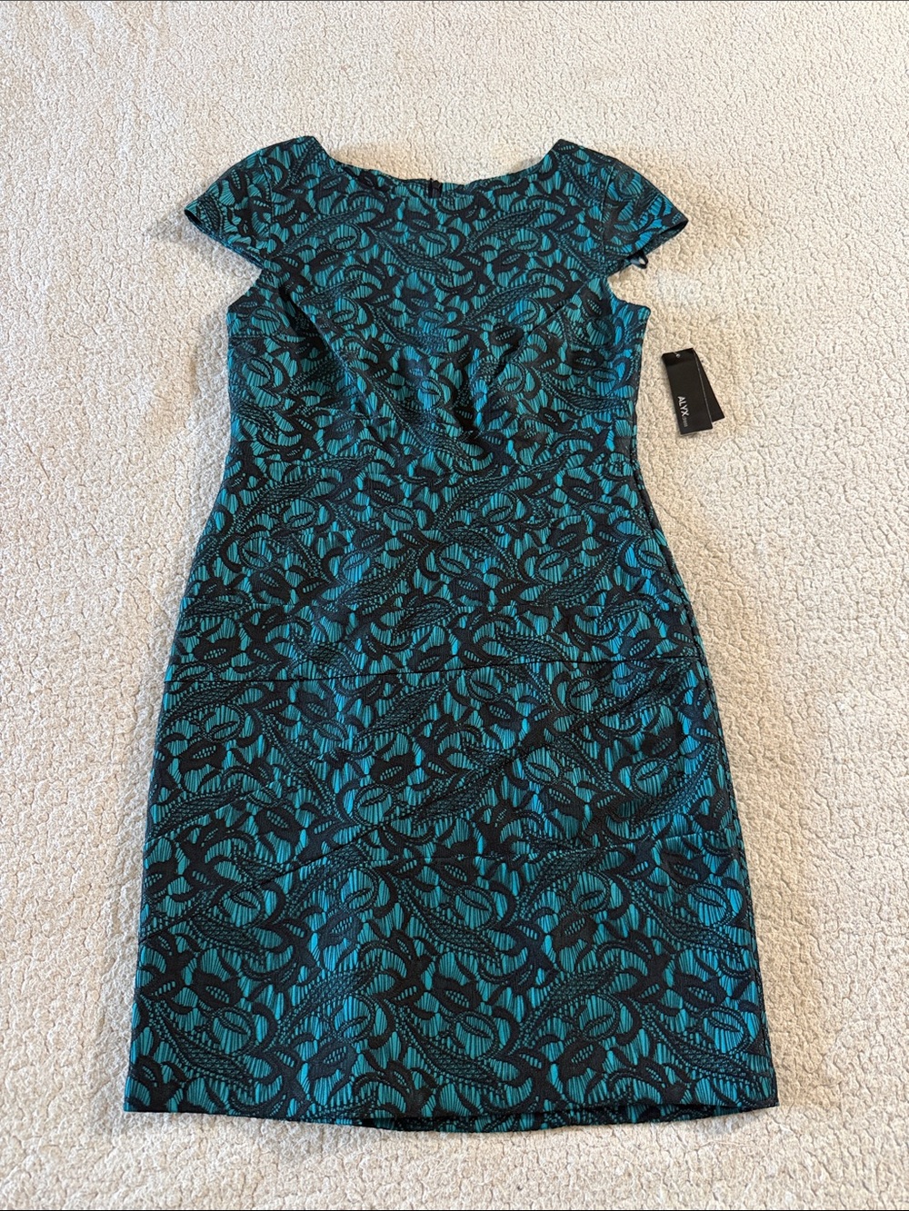 Alyx Teal and Black Cap Sleeve Lace Sheath Dress Size 4 New